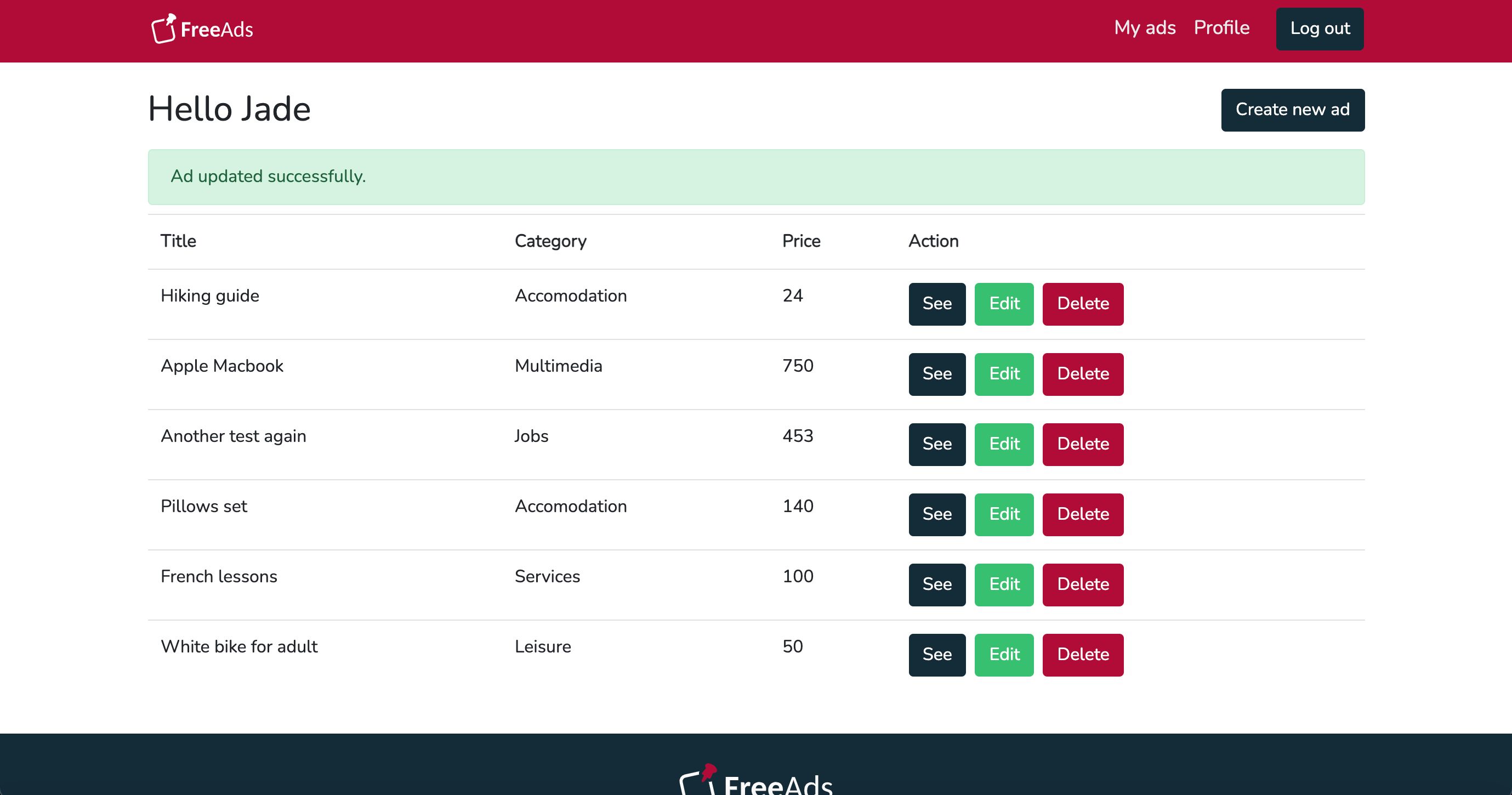 Screenshot du site 'Projet Free Ads'