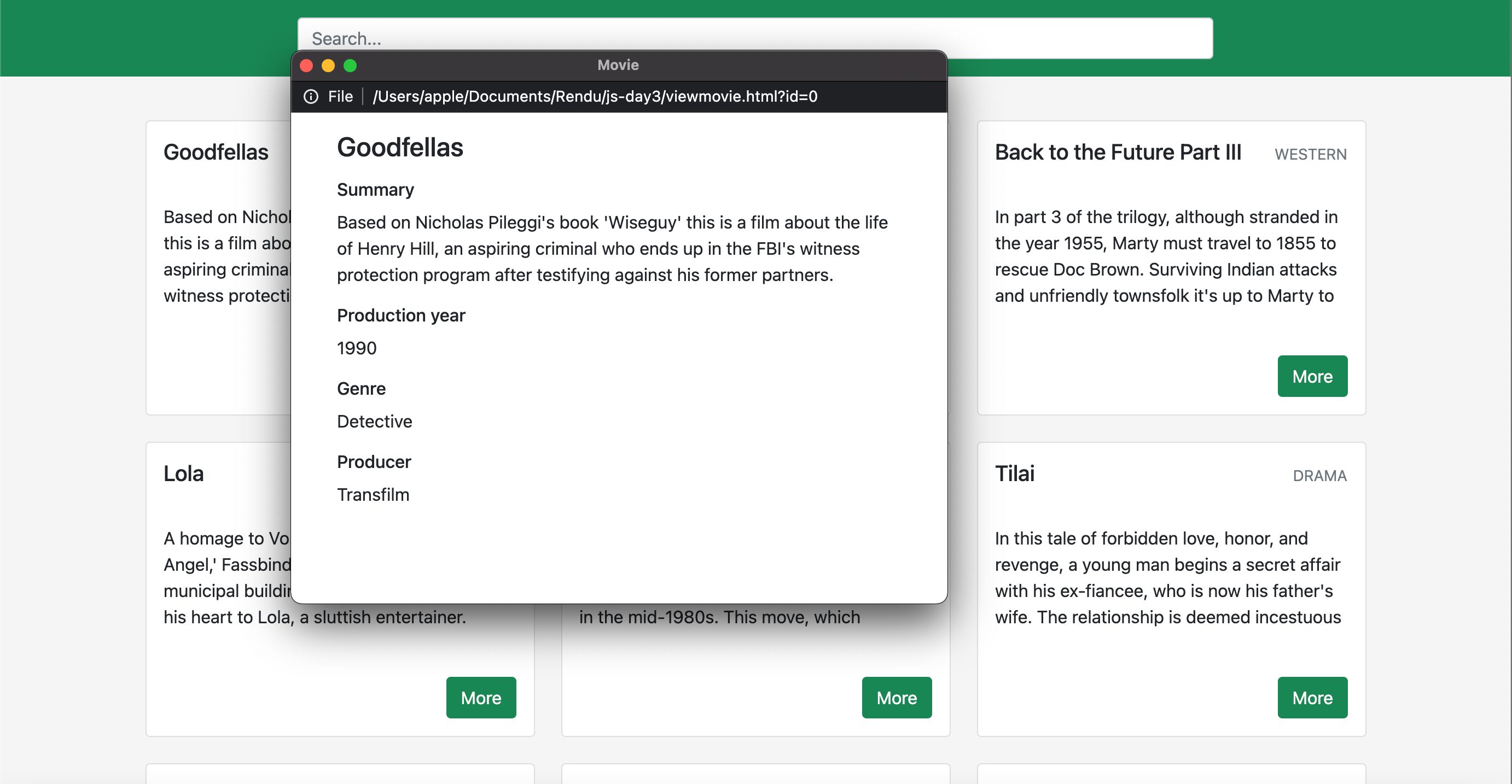 Screenshot du site 'Projet Javascript'