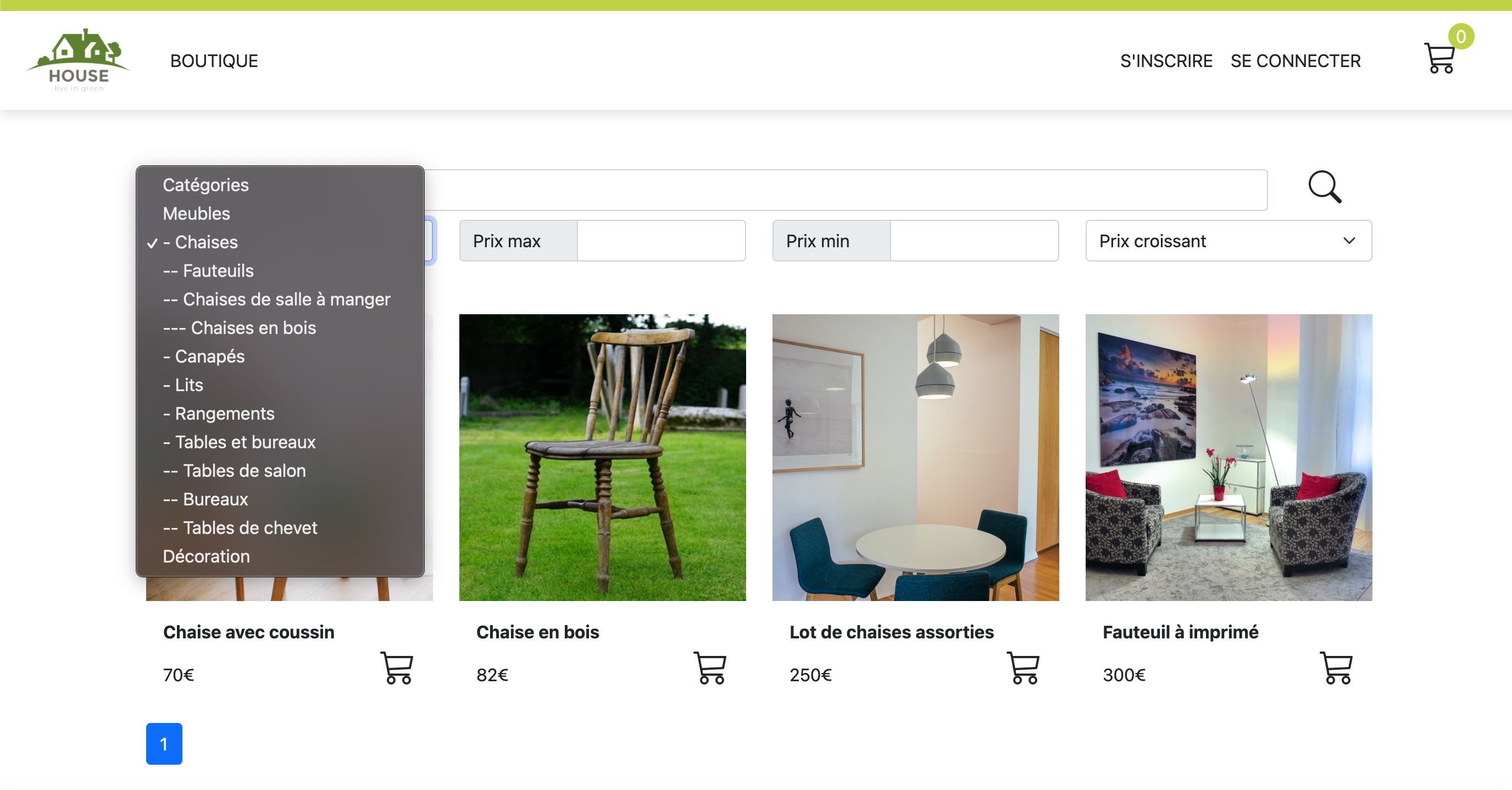 Screenshot du site 'Projet my shop'