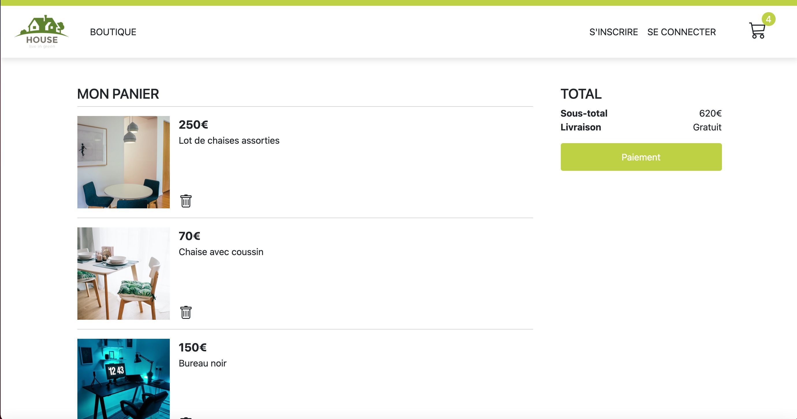 Screenshot du site 'Projet my shop'